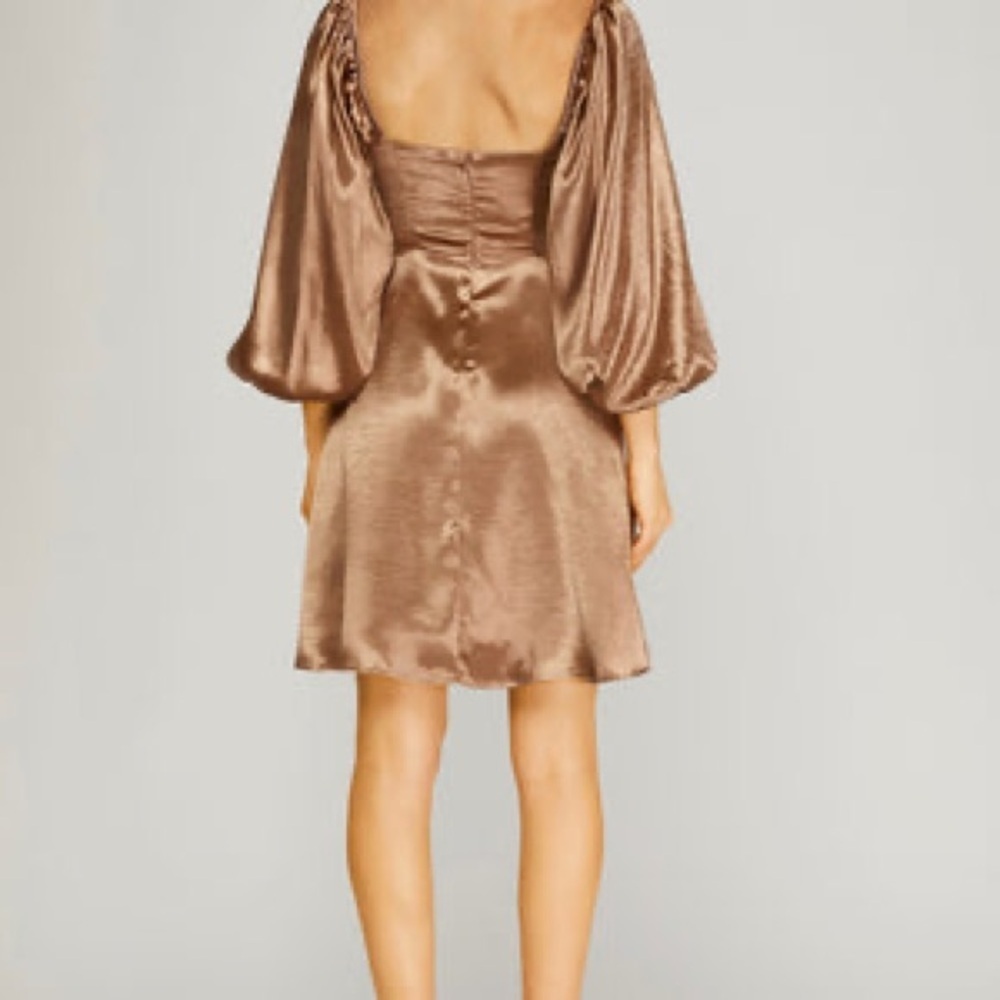 She + Sky Women’s Mini Dress with Puff Sleeve and Cut Outs (Champagne Gold color - Picture 2 of 13